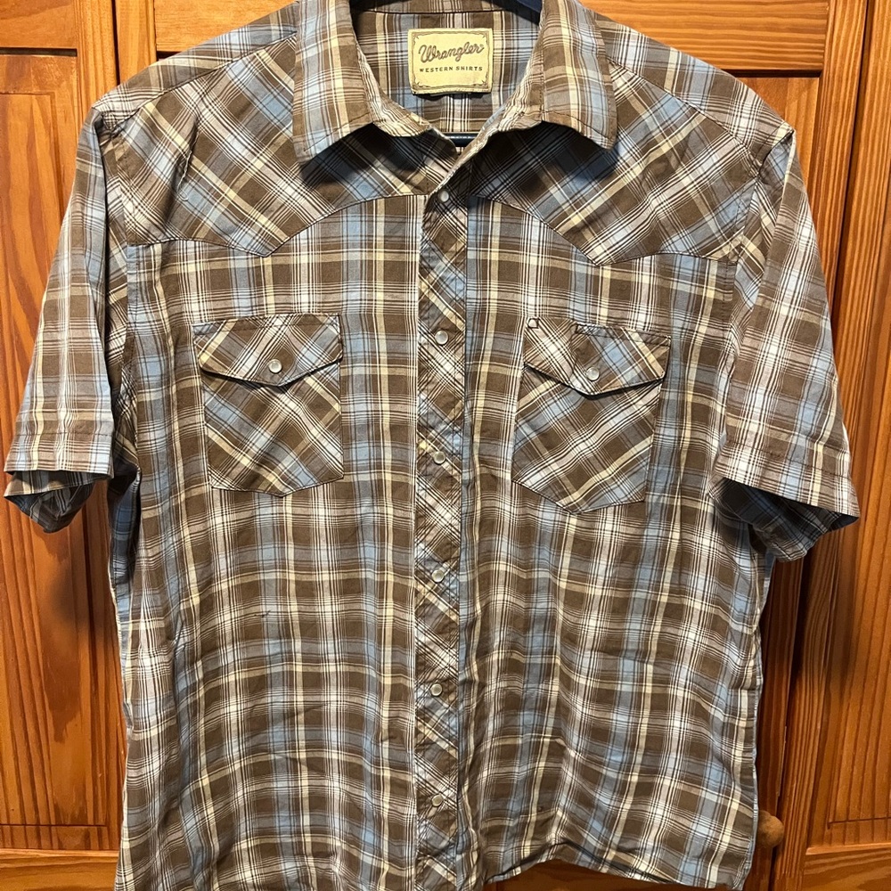 Wrangler Brown Plaid Short Sleeve Pearl Snap Shirt Size XL